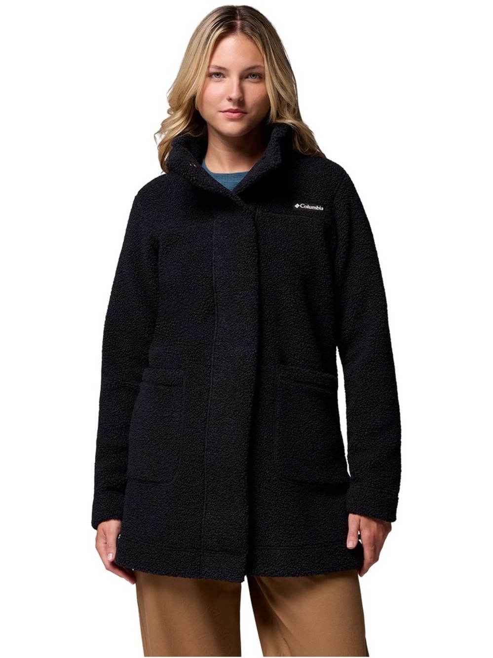 Columbia Women's Large Panorama Long Jacket Sherpa Fleece High Collar Black